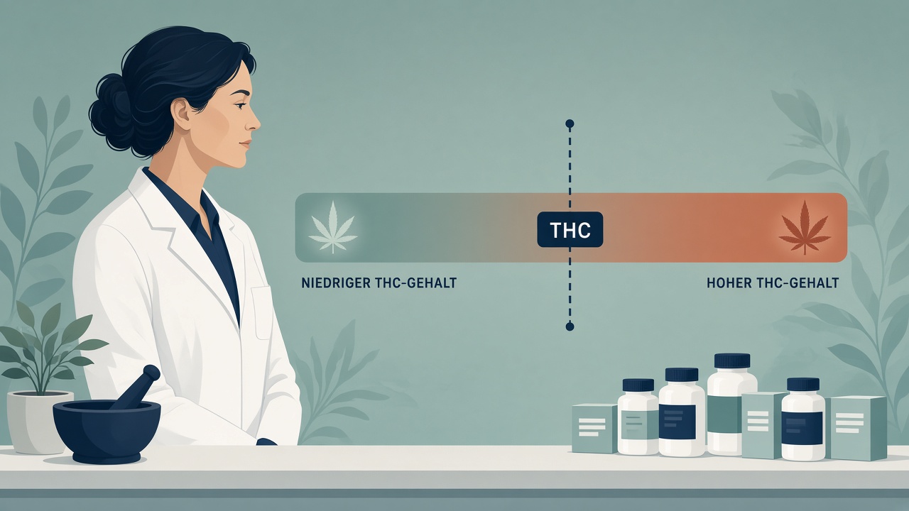 Apothekerin vor einer Darstellung zur THC-Gehaltsgrenze bei Medizinalcannabis